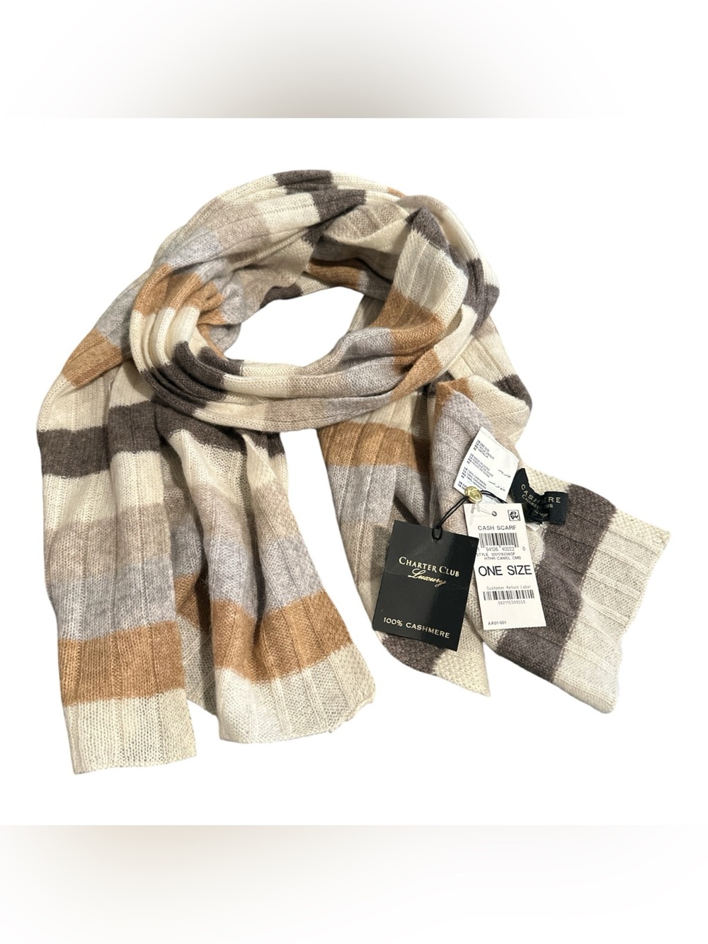 NWT 100% Cashmere Scarf Charter Club Luxury Striped Minimalist Quiet Luxury New